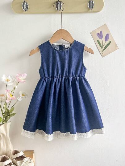 Baby Girl Cute & Elegant Sleeveless Floral Lace Patchwork Denim Knee-Length Dress For Summer Outing & Holiday