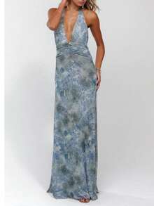 Womens Halter Floral Maxi Dress Deep V Neck Backless Bodycon Long Dresses Y2k Formal Cocktail Going Out Beachwear - 藍色 - 查看 2