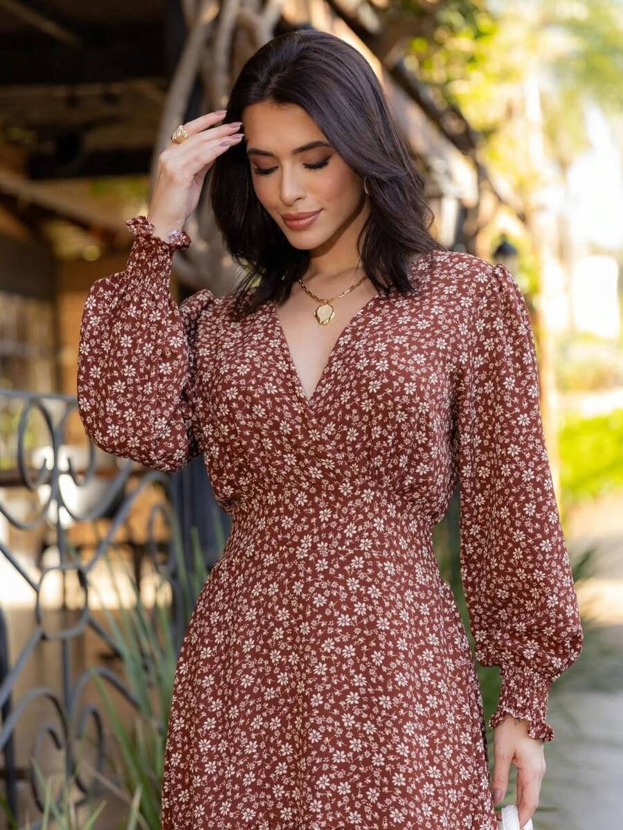All-Over Floral Print Formal And Evening Wedding - Rust Brown - View 1