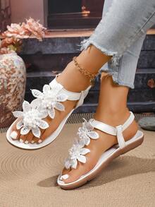 Women's Elegant Sandals, White Floral Decoration, Fairy-Tale Style, Open-Toe Design, Fabric Upper And Lining, Non-Slip Sole, Microfiber Insole - Plus Size - White - View 5