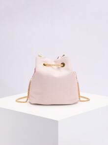 1 Pc Colorful PVC Flower Decor, Mesh Embroidery Jacquard Flower Pattern Chain Pearl Bucket Bag, Fashionable Shoulder Bag, Crossbody Bag (Random Flower Pattern) - Baby Pink - View 8