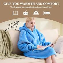 Entrega local - Manta con capucha ponible, sudadera con forro polar de borreguito gigante con bolsillos y mangas para adultos, manta con capucha acogedora, regalo de invierno para mujeres (gris oscuro) - Azul - Ver 5