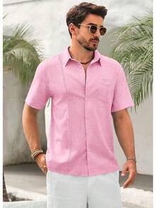Mens Cuban Guayabera Shirts Button Down Short Sleeve Shirt Casual Linen Summer Beach Vacation Hippie Topshalloween - 粉色 - 查看 2
