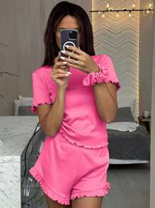 2pcs Women Solid Color Summer New Casual Sweet Knit Round Neck Short Sleeve Top & Ruffled Hem Shorts Loungewear Set, Suitable For Home Use