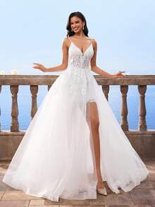 HEARBOBO 细肩带白色蕾丝网眼 A 字形新娘婚纱 - 白色 - 查看 9