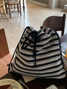 返校韩式休闲大容量条纹时尚学生背包，小众设计大学高中学院通勤户外书包，学校用品，学校背包，书包，学校背包，学校书包，返校包，大容量，轻便，便携，可折叠，经典休闲，适合少女女大学生，教师，白领，非常适合返校，开学第一天，初中，高中 - 黑與白 - 查看 2