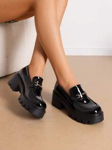 Women Platform Loafers Chunky Heel Pumps Slip On Lug Sole Fashion Black Patent Loafers With Metal Casual Office Business Dressy Shoes - 蒙特內哥羅 - 查看 1