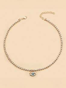 1pc Versatile Vintage Fully Rhinestone Tennis Chain, Crown & Evil Eye Pendant Necklace, Suitable For Men & Women Daily Wear & Elegant Gift