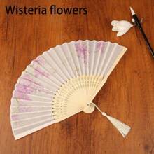 1 szt. Vintage składany bambusowy wentylator, styl retro boho ozdobiony czarnym motylem, kwiatami i frędzlami, kolorowy modny dodatek dla kobiet, wiosna/lato