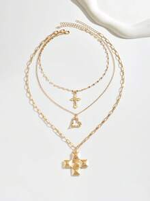 3pcs/Set Elegant Heart Pendant Necklace, Fashionable Simple Cross Pendant Necklace For Women, Metal Chain Suited For Daily Wear, Party, And Photo Taking - Multicolor - View 3
