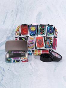 3件套吸烟配件套装，包括1个金属香烟托盘、1个金属香烟盒和1个塑料研磨器，多种优雅印花图案，吸烟配件礼品，节日礼品 - 彩色 - 查看 7