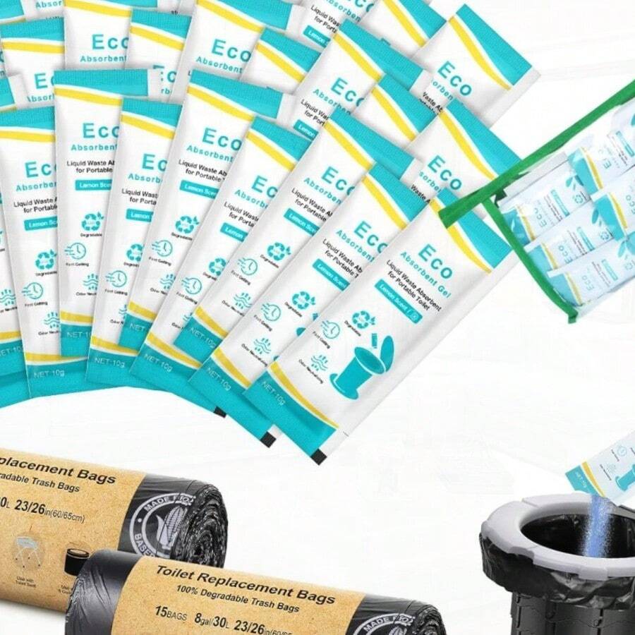 Bolsas para inodoro de camping con gel absorbente - Set de bolsas portátiles para inodoro con gel de 8 galones / 30 litros, resistentes, de 1 milímetro, con polvo para inodoro para camping, exterior y senderismo - 8 galones - 30 unidades - Ver 1