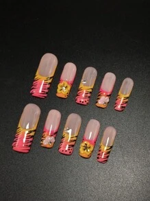 Set da 10 pezzi, unghie finte quadrate da 3,3 cm, realizzate a mano. Decorate con stelle dipinte a mano, perline d'acciaio, punte francesi rosa, sfumatura rosa-giallo, punte francesi gialle, motivi intagliati e piccoli cristalli. Adatte per feste, combinano fascino e personalizzazione. Accessori per unghie