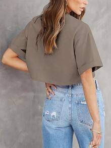 Tankaneo Women Crop-Shirts Half Sleeve Drop Shoulder Cropped Tops Y2K Casual Summer Basic Tees - Coffee - View 4