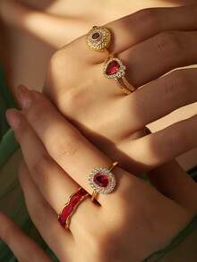 Charm-In 18k镀金青铜创意泪滴形红锆石戒指，适合女士，生日礼物