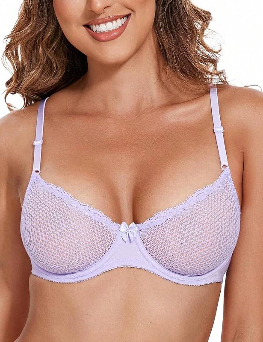 Women's Sexy 1/2 Cup Lace Bra Balconette Mesh Underwired Demi Shelf Bra Unlined See Through Bralettehalloween - Light Purple - 查看 1
