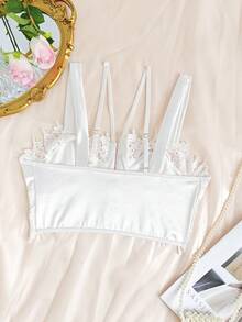 EZNV 1pc Water-Soluble Lace Trim Front Button Tight-Fitting Bustier Top - White - View 11