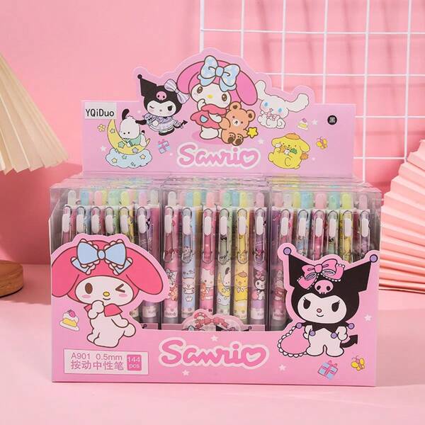 Sanrio 12pcs Sanrio Cute Family Kuromi Boxed Writing Ballpoint Pen - (Random Color) Creative Cartoon Straight Rod 0.5mm Neutral Pen - Boxed Metal Hook Press Pen Cute Press Neutral Pen Student Stationery,School Supplies,Back To School