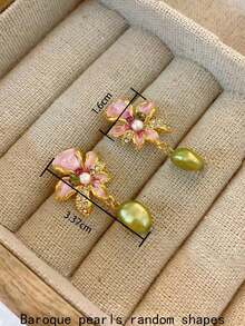 Natural Faux Pearl Flower Earrings For Women, Vintage & Antique Style, Unique Design, New Chinese Style Ear Studs With Elegant Quality, 2025 New Arrival Valentines - 彩色 - 查看 14