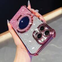Nuevo Estuche anti-caída de 4 esquinas para teléfono + Estuche de teléfono integrado con espejo de maquillaje circular rosa brillante, cuerda colgante y soporte magnético, compatible con Galaxy I-Phone 16 Pro 16Pro Max, Sam-Sung S25/S25Plus/S25Ultra, XM HW RM, Oppo