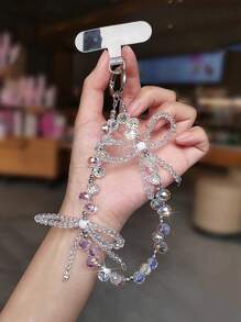 1 Stück transluzente Schleifen-Kristall Handykordel, modischer Handgelenkband Handy Anhänger Accessoire, hochwertiger leichter Luxus Perlen Handkette für Outdoor Reisen Einkaufen, mit Clip