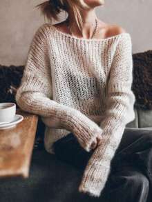 大码女式纯色圆领落肩长袖镂空宽松套头衫，秋季 - 米色 - 查看 2