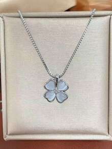 1 件时尚欧美镀铜猫眼石心形花朵吊坠项链，女士花卉颈链首饰 - 銀色 - 查看 4