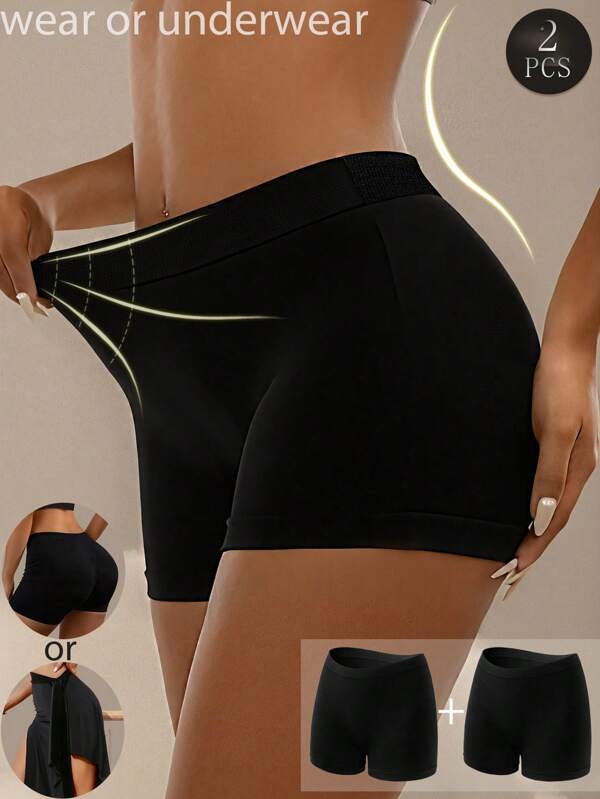 2PCS Seamless BoyShorts ‌Panties Solid Boxer Shorts Women's Mid Waist Elastic Boxer Briefs Safety Shorts Under The Skirt Panties Comfy Female Underwear Lingeries Breathable Soft Skin-Friendly Traceless Underpants Flat Corner Pants Ribbed Hipsters Panties Seamless Shortie Panty Daily Casual Wear