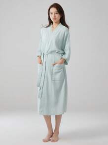 1 pieza Bata de mujer de gasa de unicolor con cuello recto, bata larga, ropa de dormir, informal, suave, absorbente, para baño, dormitorio, piscina, hotel, spa, uso personal, regalo