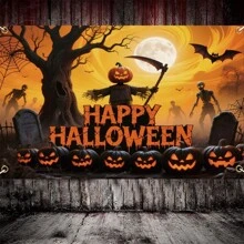 Halloween Backdrop Colorful Spooky Pumpkin Scarecrow Bat Dead Tree Skeleton Pattern Halloween Wall Banner
