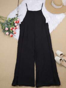 Plus 女士纯色肩带连体裤阔腿裤 - 黑色 - 查看 2
