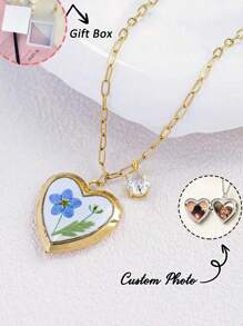 Custom Photo Necklace, Handmade Women's Forget-Me-Not Flower Photo Locket Necklace, Customized Family, Couple, Kids Or Pet Photos, Great For Graduation Gift, Best Friend Keepsake, Birthday, Anniversary