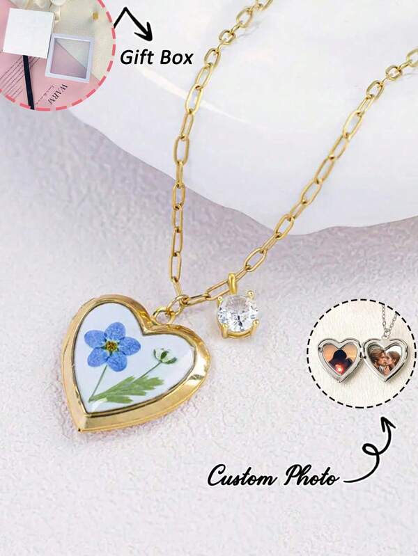 Custom Photo Necklace, Handmade Women's Forget-Me-Not Flower Photo Locket Necklace, Customized Family, Couple, Kids Or Pet Photos, Great For Graduation Gift, Best Friend Keepsake, Birthday, Anniversary
