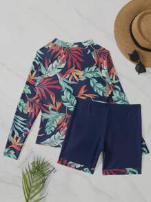 2 Peças Conjunto de Guarda-Manga Longa com Impressão de Folha - Top de Natação com Manga Raglan Longa e Zíper e Short Box para Esportes Aquáticos, Maiô e Roupa Feminina para Férias de Verão