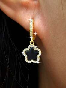 1 套 925 纯银防过敏幸运四叶草项链、吊坠耳环 - 五叶花图案镶嵌人造黑玛瑙 - 甜美可爱，适合女孩日常佩戴/派对 - 送给女儿朋友的理想幸运礼物