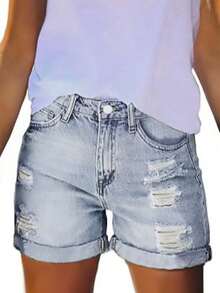Women's Pocket Ripped Hem Casual Denim Shorts - Light Blue - View 2