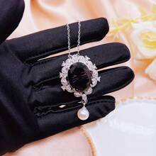 Women's Luxury Oval Purple Zirconia Faux Pearl Brooch Necklace Set
