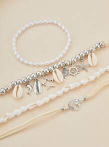 Set de 4 piezas de tobilleras de verano para mujer, tobillera artesanal de cadena con cuentas de arroz, estrella de mar y concha, estilo bohemio