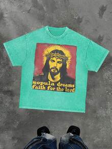 Men's Retro 230g Washed Cotton T-Shirt, Printing "Sopula Dreams Faith For The Lord" Grunge Style, Street Clothes,Christianity Clothing, Large T-Shirt,  Jesus Shirt,Graphic Y2K Shirt, Acid-Washed T-Shirt, Christian Clothes ,Gothic Pun - Mint Green - View 1