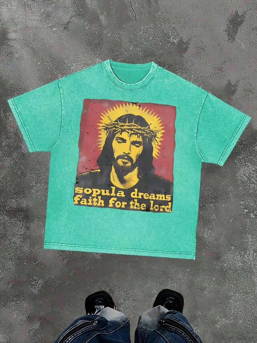 Men's Retro 230g Washed Cotton T-Shirt, Printing "Sopula Dreams Faith For The Lord" Grunge Style, Street Clothes,Christianity Clothing, Large T-Shirt,  Jesus Shirt,Graphic Y2K Shirt, Acid-Washed T-Shirt, Christian Clothes ,Gothic Pun - Mint Green - View 1