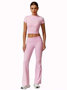 MFVIM Pink Women's 2 Pieces Summer Active Set - High-Waist Micro-Flared Leggings & Fitted Running Tee - Versatile Outdoor Casual Yoga Activewear