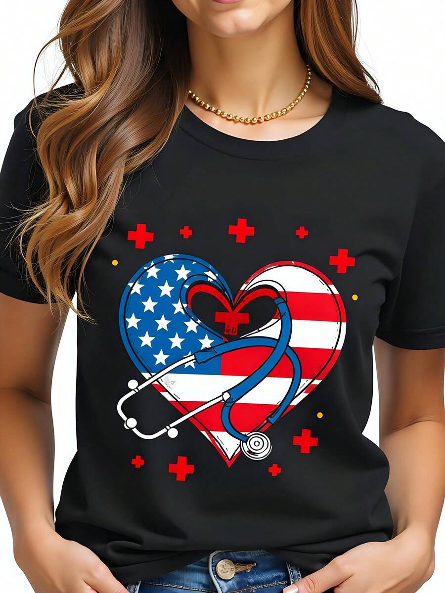 Camiseta de mujer con diseño de corazón patriótico y estetoscopio, estampado gráfico de bandera estadounidense, 180g, algodón negro, cuello redondo, manga corta, estilo casual para verano. Ideal para expresar amor por la medicina y el patriotismo. - Negro - Ver 1