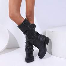 黑色百褶中筒靴，拉链款，厚底，时尚女靴，欧美风，秋冬 - 黑色 - 查看 5