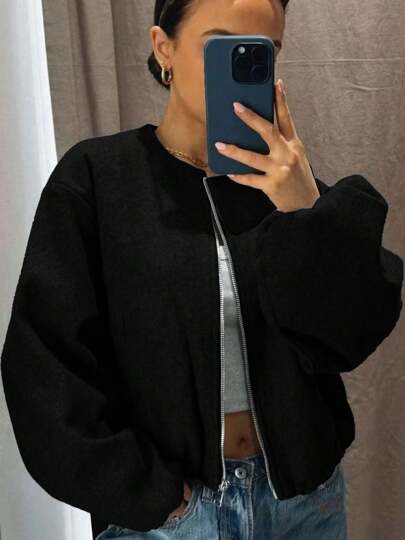 Chaqueta de béisbol para mujer, estilo bomber, estilo callejero, cuello redondo, hombros caídos, mangas farol, chaqueta con cremallera, ropa de abrigo, otoño/invierno