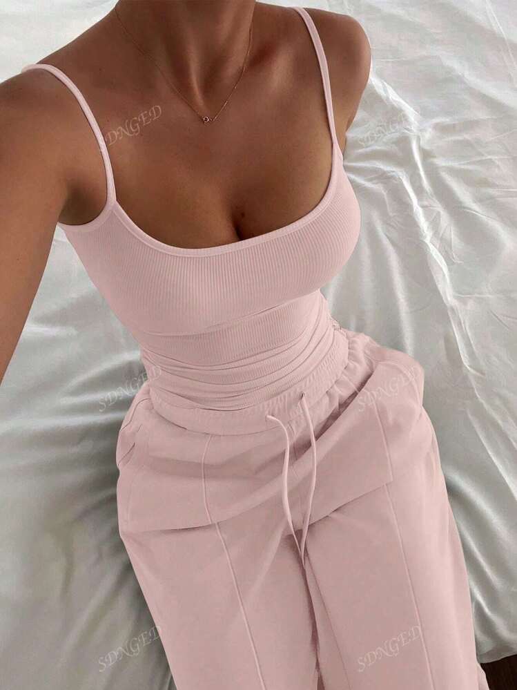 Minimalist Cami Top & Wide Leg Pants Set, Sleeveless, Solid Color, Slim Fit