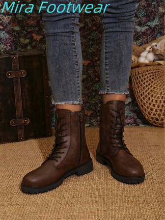 Mira Footwear Dam Plus Size Fashionabla Retro Snörning Sidodragkedja Bruna Ankelstövlar, Avslappnade Bekväma Blixtlås Utomhusstövlar Snörning Halh Vaden, Mångsidiga Julstövlar Essential Höst/Vinterstövlar