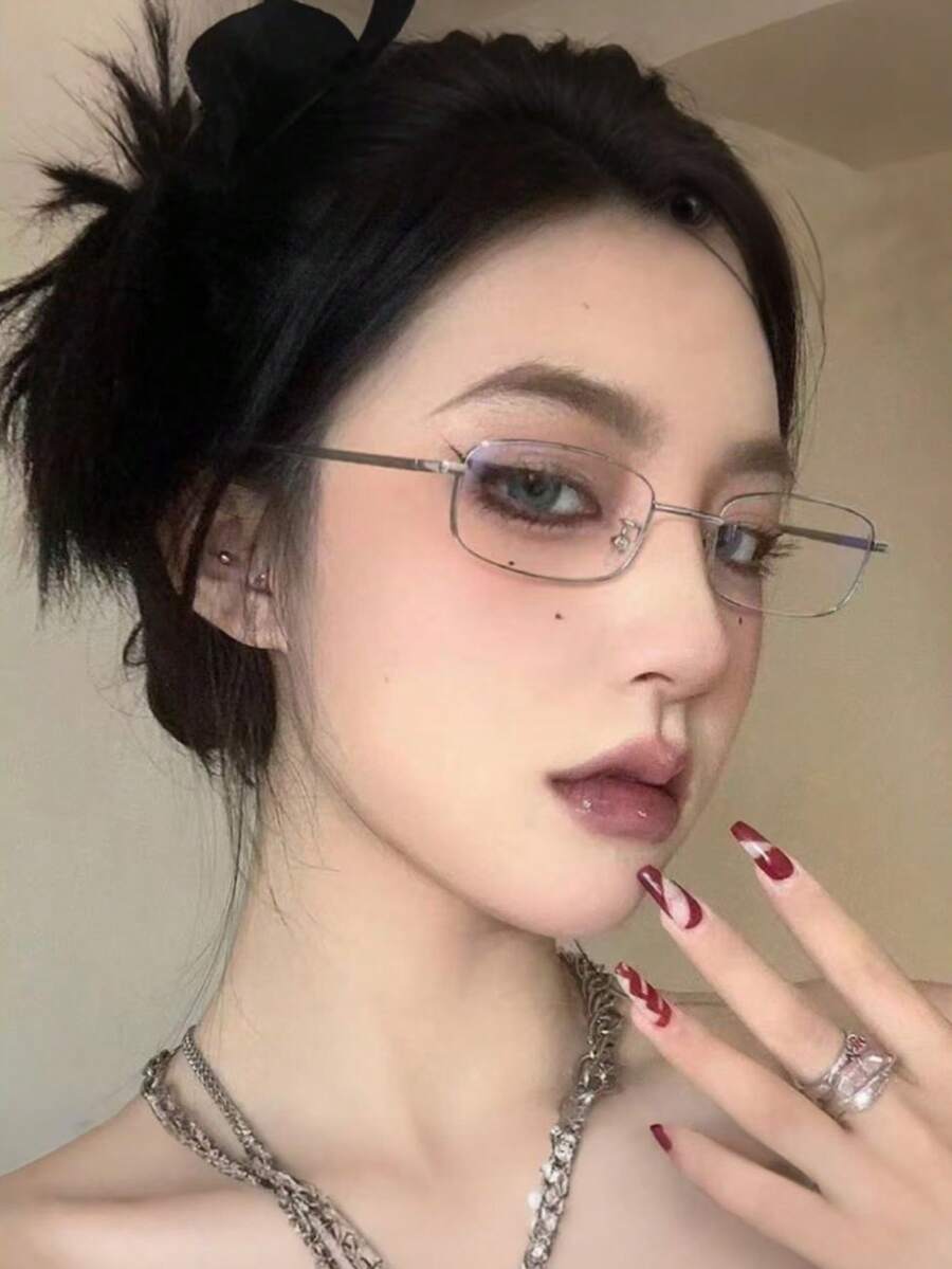 1 件高清平面镜片银框眼镜，金属全框装饰眼镜，男女皆宜 - 無色 - 查看 1