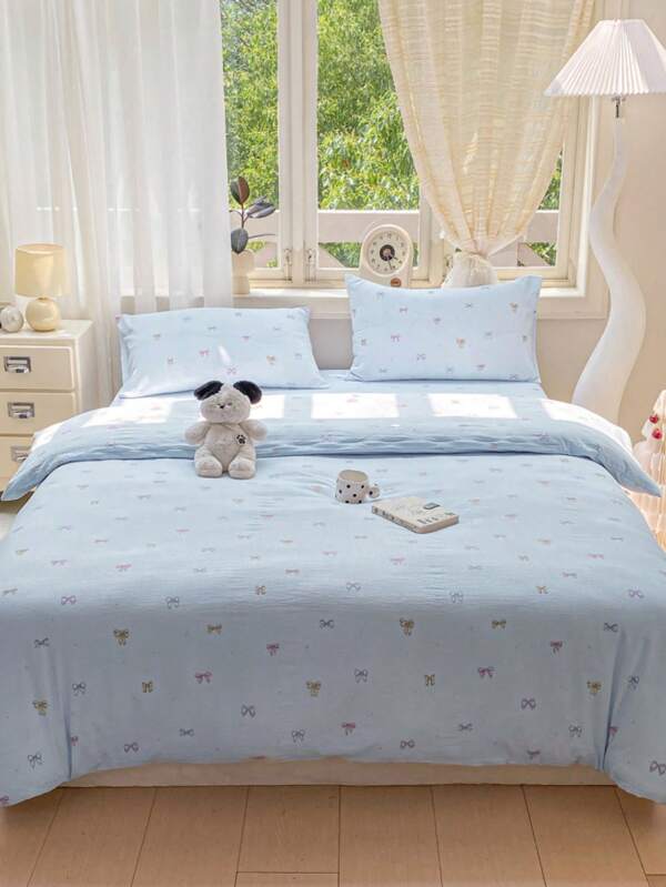 3pcs Blue Colorful Bow Print Bedding Set(1*Duvet Cover + 2*Pillowcases), Cute Cream Style, 100% Polyester, Washable