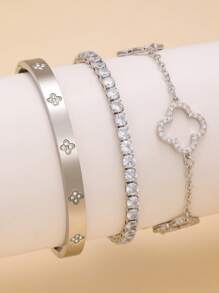 Pulsera de acero inoxidable con trébol de cuatro hojas de circonita en estilo retro personalizado, joyería de uso diario para mujeres