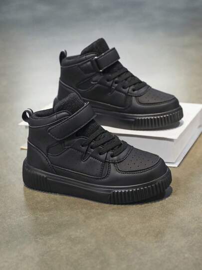 1 Pair Kids' Sports Shoes, Black Patchwork Fashion Versatile Children's Flat Shoes, Lightweight & Comfortable, Suitable For Boys And Girls Running Shoes